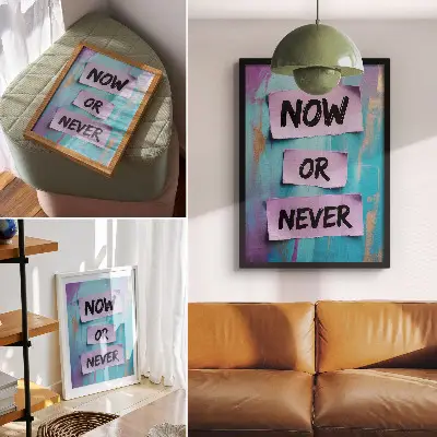 Art print with dynamic contrasts, strong typography, and turquoise and purple hues