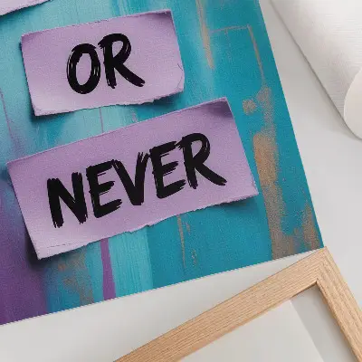 Art print with dynamic contrasts, strong typography, and turquoise and purple hues