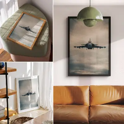 Monochrome Fighter in Flight Wall Art dynamic frame print