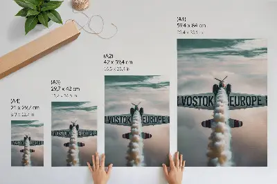 Decorative poster airplane above the clouds with a subdued palette and dynamic composition