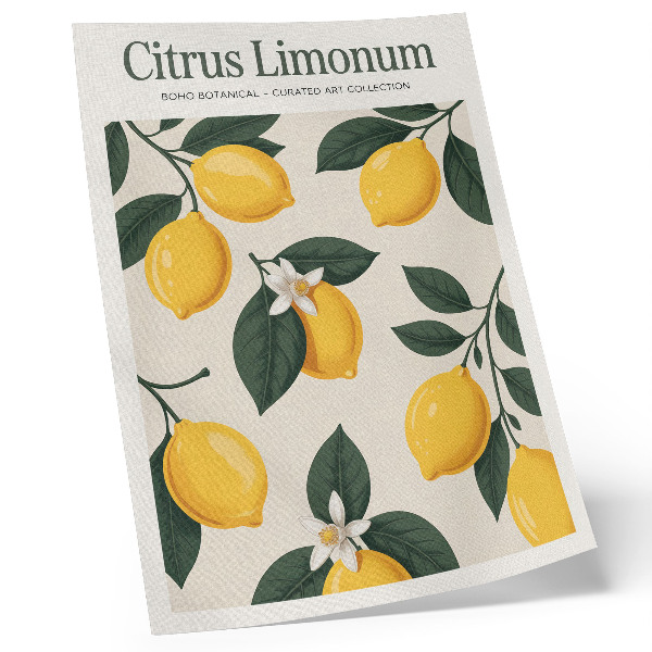 Poster Juicy lemons green leaves cream background