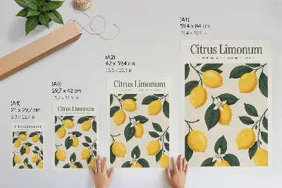 Poster juicy lemons with green leaves on a cream background