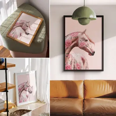 Premium wall art horse portrait with floral romantic elegance and modern style