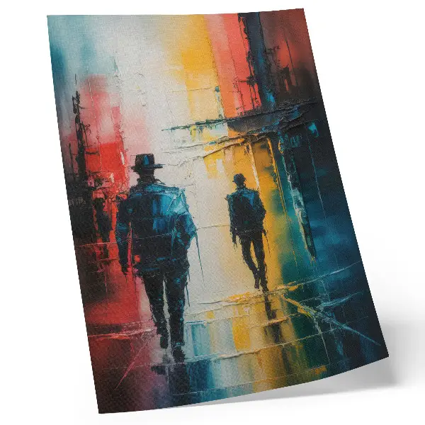 Colorful city scene poster with mysterious figures