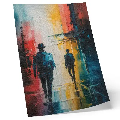 Colorful city scene poster with mysterious figures