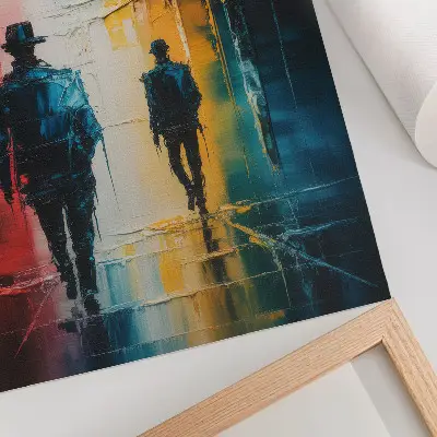 Colorful city scene poster with mysterious figures