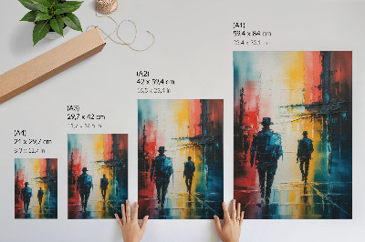 Poster A colorful city scene with mysterious figures