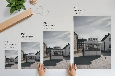Art print featuring bright wooden buildings in an idyllic kiosk setting