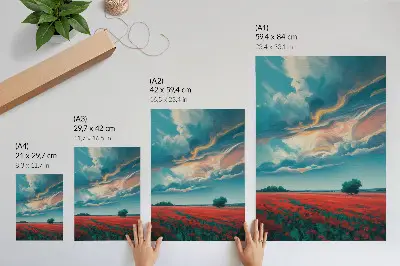 Decorative poster colorful meadow of poppies under a blazing sky