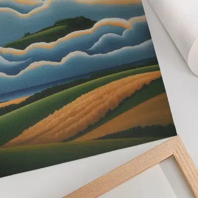 Poster waves with green hills and a pastel sky