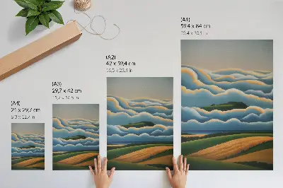 Poster waves with green hills and a pastel sky