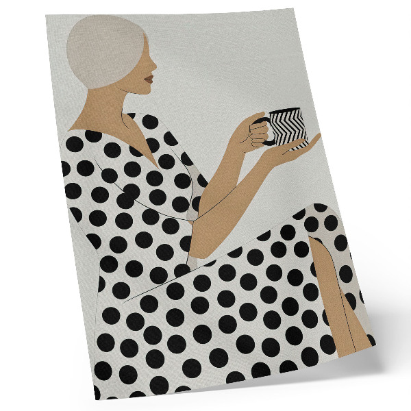 Poster A woman in a pea-colored dress holding a geometric mug
