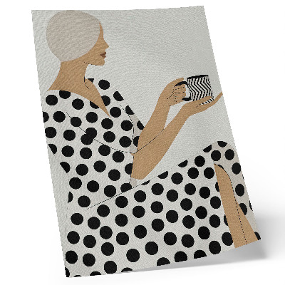 Poster A woman in a pea-colored dress holding a geometric mug