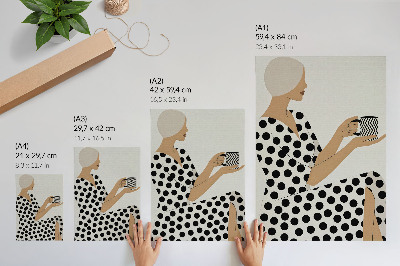 Poster A woman in a pea-colored dress holding a geometric mug