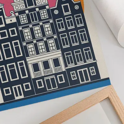 Art print tenement houses on a colorful background with modern aesthetics