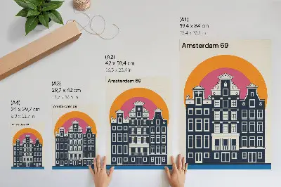 Art print tenement houses on a colorful background with modern aesthetics