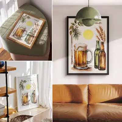 Decorative poster featuring a mug of beer with bottles, leaves, and sun