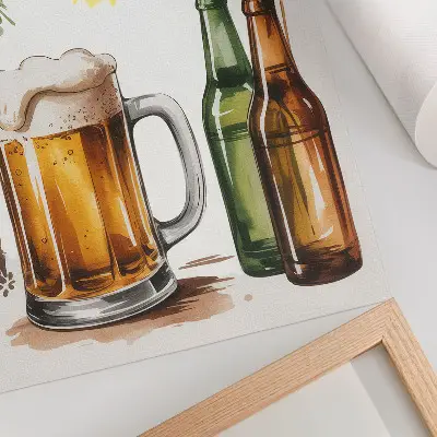 Decorative poster featuring a mug of beer with bottles, leaves, and sun
