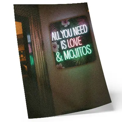 Poster with neon lettering and tropical leaves in vivid summer colors