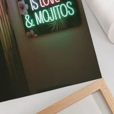 Poster with neon lettering and tropical leaves in vivid summer colors
