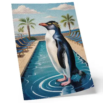 Premium wall art featuring a penguin relaxing by a pool with palm trees and a sea view