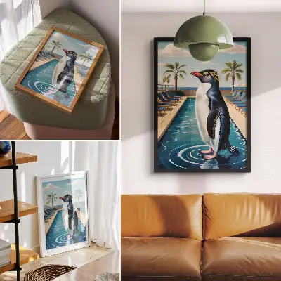 Premium wall art featuring a penguin relaxing by a pool with palm trees and a sea view