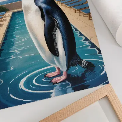 Premium wall art featuring a penguin relaxing by a pool with palm trees and a sea view