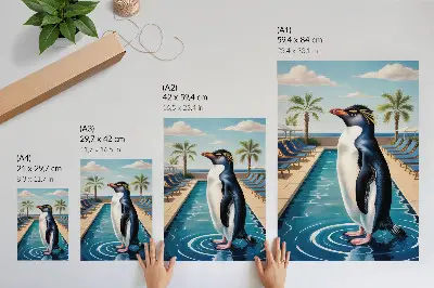 Premium wall art featuring a penguin relaxing by a pool with palm trees and a sea view