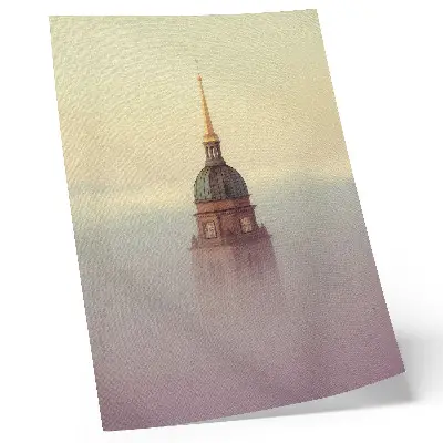 Decorative poster tower in the fog with delicate colors and peaceful composition