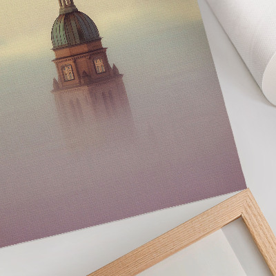 Decorative poster Tower in the fog, delicate colors, peaceful composition