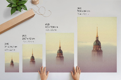 Decorative poster Tower in the fog, delicate colors, peaceful composition