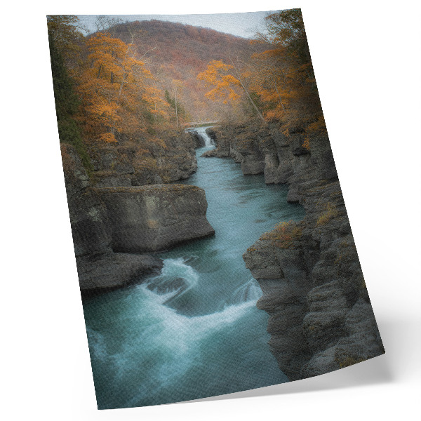 Poster Autumn landscape mountain river rocky slopes