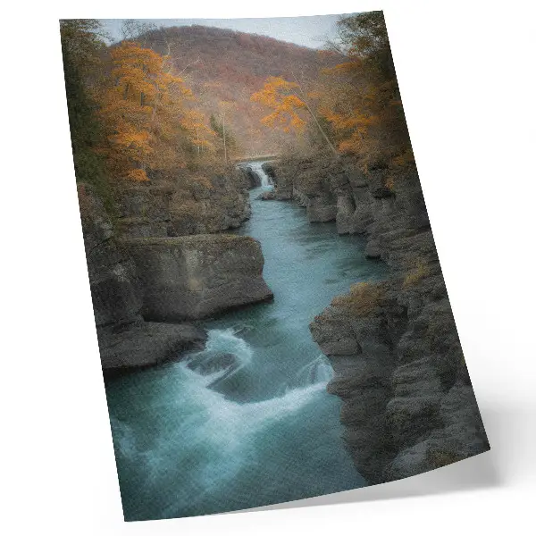 Poster autumn landscape with mountain river and rocky slopes