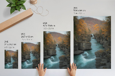 Poster Autumn landscape mountain river rocky slopes
