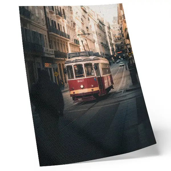 Decorative poster a tram passing through historic city architecture
