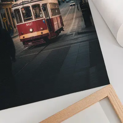 Decorative poster a tram passing through historic city architecture