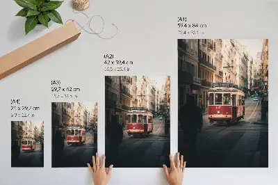 Decorative poster a tram passing through historic city architecture
