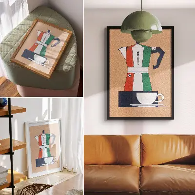 Art print colorful cafeteria scene in modern Italian style