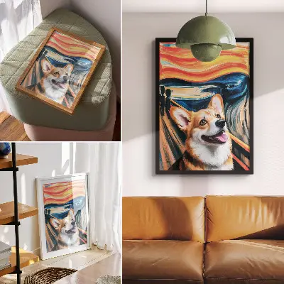 Decorative poster featuring a cute dog with dynamic colors and bold contrasts