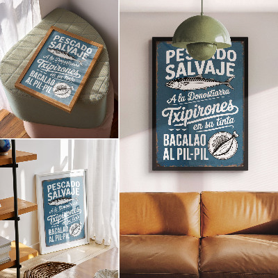 Decorative poster Retro fish motif and inscriptions on a blue background