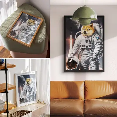 Poster dog in a spacesuit with a space rocket and moon outfit