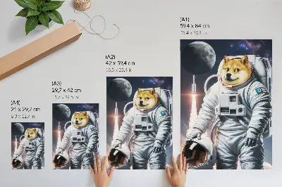 Poster dog in a spacesuit with a space rocket and moon outfit