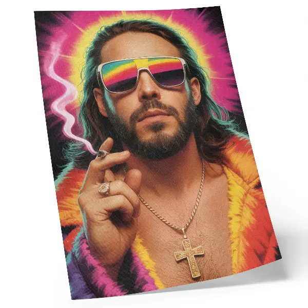 Art print with intense colors and contrasting retro patterns