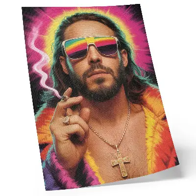 Art print with intense colors and contrasting retro patterns