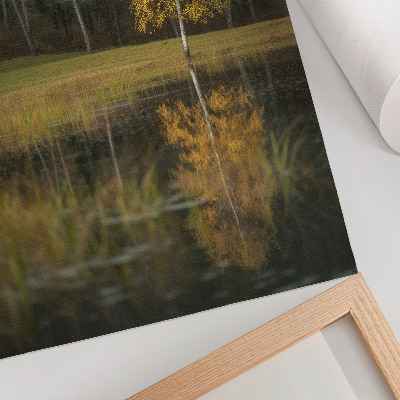 Decorative poster A golden tree against the backdrop of a dark forest and lake