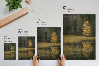 Decorative poster A golden tree against the backdrop of a dark forest and lake