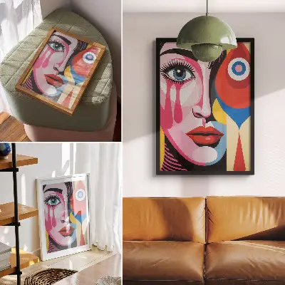 Decorative poster featuring colorful abstract shapes of an eye and face