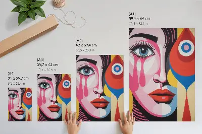Decorative poster featuring colorful abstract shapes of an eye and face