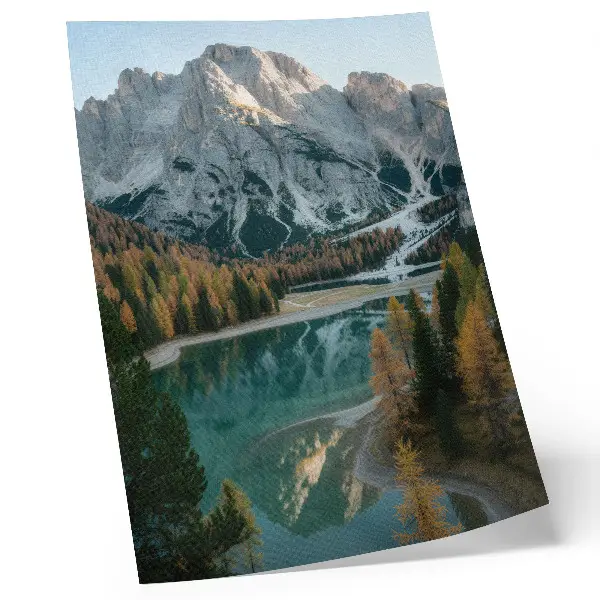 Poster featuring a scenic landscape of mountains, forest, and lake with colorful trees and water reflections