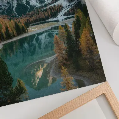 Poster featuring a scenic landscape of mountains, forest, and lake with colorful trees and water reflections
